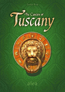 Cover of The Castles of Tuscany: a golden lion's head door-knocker against a rich green background