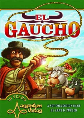 Cover art from El Gaucho: a wild-eyed cowboy swrls a lasso as equally wild-eyed cows watch across a fence