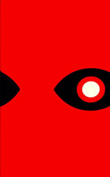 Insider cover: bright red with an abstract design of an eye in black and white