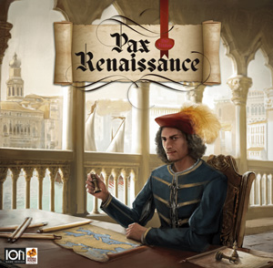 Cover from the second edition of Pax Renaissance: a medieval banker looks up from his desk, seal in hand