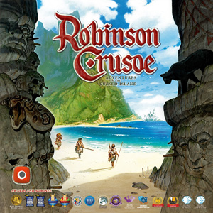 Cover of Robinson Crusoe: shipwrecked sailors walk along a beach towards spooky carvings