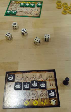 Playing Buccaneer Bones - it's a quick little dice game