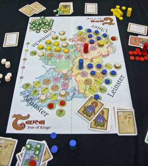 Photo of board and components for Tara showing a game in progress