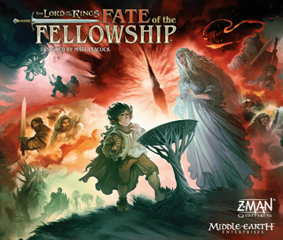 Cover of Fate of the Fellowship: Frodo looks into Galadriel's mirror with a montage of other characters in the background