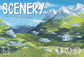 Scenery cover: a vista of snow-topped mountains and wooded valleys