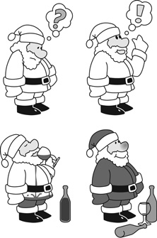 A colourless Santa has an idea and drinks a bottle of red wine that turns his outfit (and nose) red