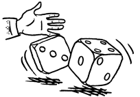 A hand rolls two dice towards the viewer from the left